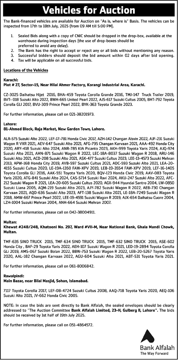 Bank Alfalah Lahore Tender Notice
